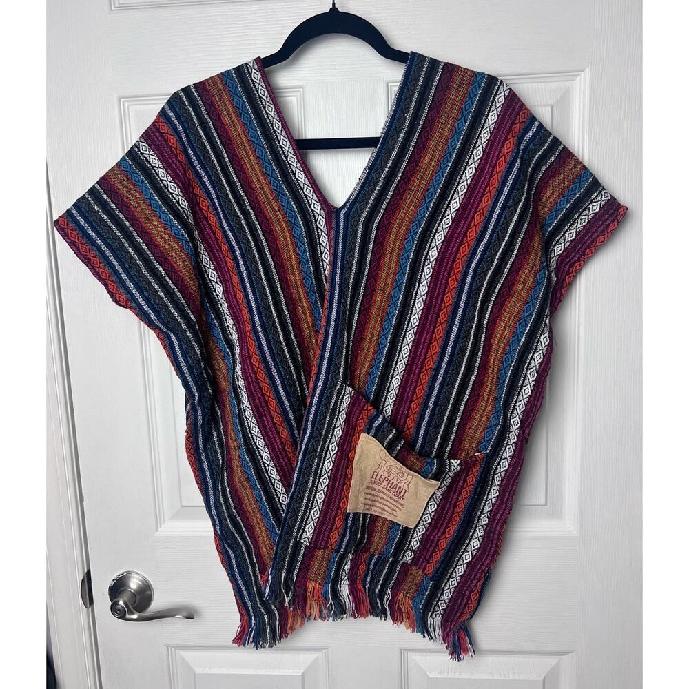 Elephant Jungle Sanctuary Women's Handmade Poncho Size M Thailand Boho Eclectic